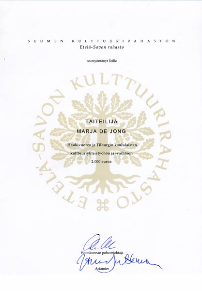 diplam of the award for Marja de Jong by Etelä-Savon Kulttuurirahasto