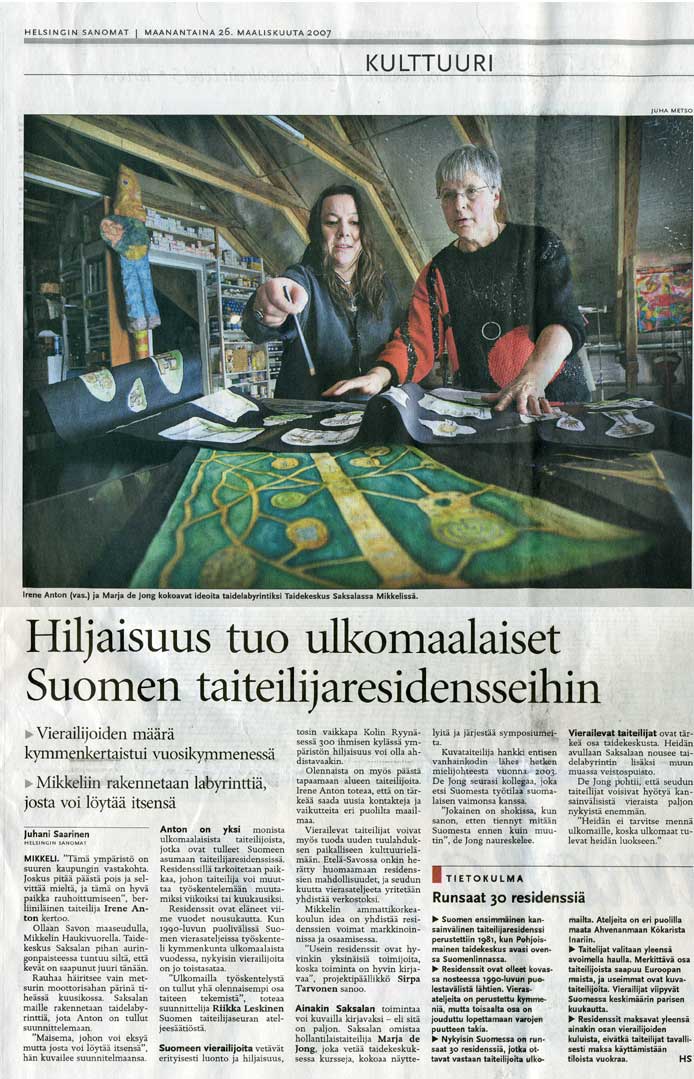 An article in Helsingin Sanomat about the residences in Etel Savo and Saksala ArtRadius as a partner in it. 