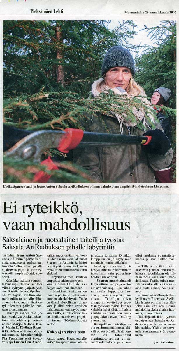 An article in Pieks�m�en Lehti about the  Saksala ArtRadius and the residence activities with international artists, like the LABYRINTH project.